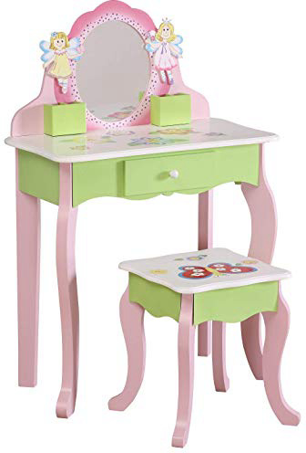 WODENY Mesa y Taburete para niños | Juego de Mesa de tocador para niños | Tocador para niñas | Silla de tocador para niños, Espejo de Maquillaje con cajón Rosa (Vanidad Juego de Mesa y Taburete)