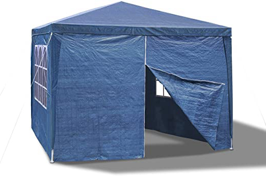 JOM pabellón de jardín, 3 x 3m, Azul, con 4 Paredes Laterales / 3 x Ventanas / 1 x Puerta con Cremallera, Material PE 110G, varillaje metálico, hidrófugo, estaquillas y Cuerdas