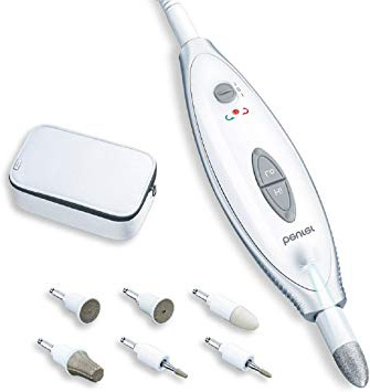Beurer MP-41 - Set manicura y pedicura profesional, 7 accesorios incluidos, luz LED brillante, rotación hacía derecha/izquierda, 2 velocidades, color blanco