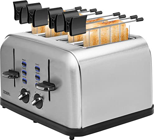 Princess 142355 - Tostadora con cuatro ranuras, 1750 W, 6 grados de tostado, Función de descongelado, 2 Bandejas migas extraíbles, Acero inoxidable, Color Plata