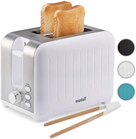 Tostadora Pan Ranura Ancha 3 en 1 - Blanca Mate Inoxidable, Tostadora Vintage - Pinzas de Bambú gratuíta - 7 Niveles Tostado - 850W - Calienta Panecillos y Recoge Migas