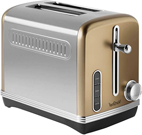 VonShef Tostadora de Pan de 2 Rebanadas Color Champán en Acero Inoxidable – Control de 6 Niveles, Bandeja de Migas y Funciones de descongelar/Recalentar/Cancelar – Ranura Ancha 32mm