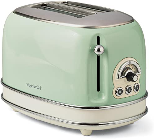 ARIETE 155/14 Tostador 2 ranuras anchas, vintage, 6 posiciones, función descongelar, recalentar, cancelar, paredes frías, pies antideslizante, recogecable, 810 W color verde