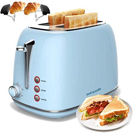 Tostadora, Morpilot Tostadora de pan 815 W, 2 Ranura Larga, Control de temperatura de 6 velocidades, Acero inoxidable,La función de deshielo y recalentamiento, es su asistente de desayuno (Azul)