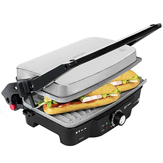 Cecotec Rock'n Grill 1500 - Parrilla Eléctrica, Revestimiento de Piedra Rockstone, Regulador de Temperatura, Apertura 180º, Superficie 28.7 x 17 cm, Inoxidable y Plástico, 1500 W, Acero y Negro
