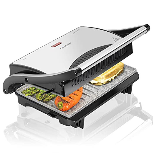 Cecotec Rock’nGrill - Parrilla Eléctrica, Revestimiento de Piedra RockStone, Máxima Antiadherencia y una Mejor Limpieza, Asa de Tacto Frío, Superficie 23 x 14.5 cm, 700 W, Acero y Negro