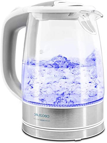 Cecotec Hervidor de Agua Eléctrico ThermoSense 350 Clear. 1,7 litros, Vidrio Borosilicato, Libre de BPA, Base 360º, Luz LED, Filtro Antical, Doble Sistema de Seguridad, 2200 W