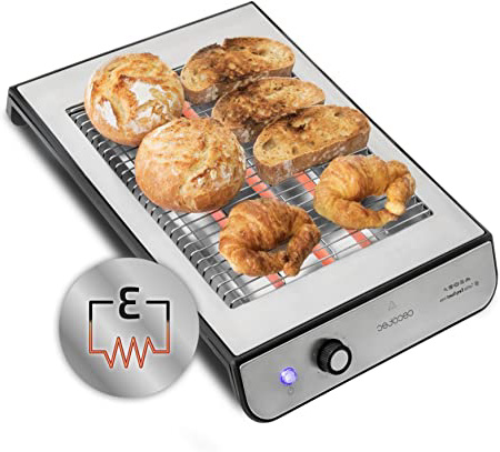 Cecotec Tostador Plano Horizontal Turbo Easy Toast Inox. 3 Resistencias de Cuarzo, 6 Niveles de Potencia, Bandeja Recogemigas, Hueco Recogecables, Acabados en Acero Inoxidable, 900 W