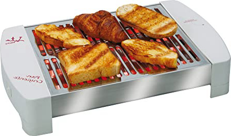 Jata TT589 Tostador horizontal de cuatro barras de cuarzo, Blanco , Mueble y parrilla de acero inoxidable, Gran superficie para un tostado homogéneo, Bandeja recogemigas extraíble, 550W de potencia