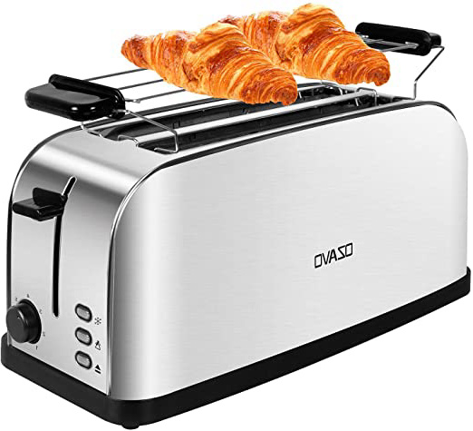 OZAVO Tostadora para 4 Rebanada con Soporte de Pan Acero Inoxidable Automática, 3 Funciones de Descongelar, Recalentar, Cancelar, Bandeja Recogemigas