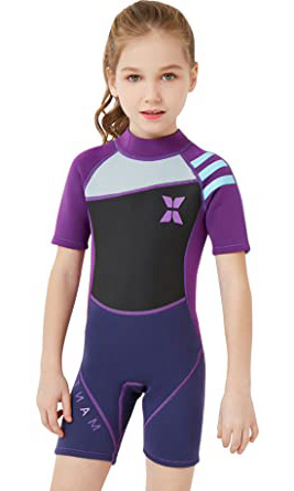 DIVE&SAIL Traje de Buceo para Niños de Manga Corta de 2.5mm Maillot de Buceo de Protección Solar Mantener Calor Elástico con Cremallera Traje Húmedo de Niñas - Negro rosa