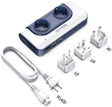 Adaptador Enchufe Universal, BESTEK 200W Transformador Viaje de 110V a 220V con Adaptador UK EU AU, 2 AC Enchufes y 4 Puertos Smart USB Multiprotección, Convertidor Voltaje Universal