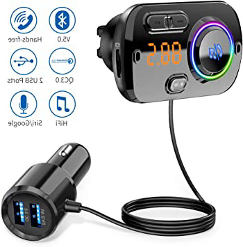 【2020 Versión】 Transmisor FM Bluetooth 5.0 Manos Libres Coche con 7 Colores Luz, Reproductor MP3 Coche Carga Rapida QC3.0, 2 USB 5V/3A&2.4A Inalámbrico Kit de Coche Soporte Tarjeta TF 32G, AUX, SIRI