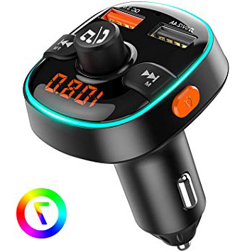Bovon Transmisor FM Bluetooth Coche, Luz Ambiental de 7 Colores con Modo de Respiración, Adaptador Radio Bluetooth 5V/2.4A+QC3.0 Cargador Coche, Manos Libres Coche, Soporte para Disco U/Tarjeta TF