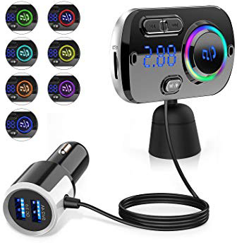 Transmisor FM Bluetooth 5.0 para Coche, 2 USB Carga Rápida QC 3.0 y 5V 2.4A, Manos Libres Reproductor MP3 Coche, Adaptador de Radio Apoyo U Disk Tarjeta TF/SD AUX Port, SIRI/Google con Luz Colorida