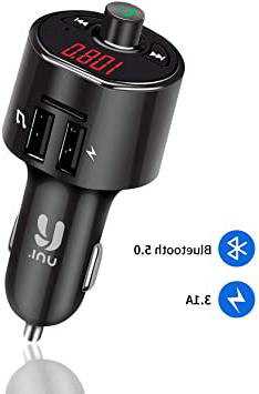 Uni - Transmisor FM para coche, Bluetooth 5.0, manos libres, reproductor MP3, carga rápida QC3.0, dos puertos USB 5V/3.1A, pantalla LED. Color negro