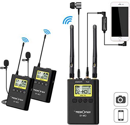 K&F Concept 100M Canales Micrófono Solapa Inalámbrico Lavalier de Doble Canal UHF con 2 Transmisores + 1 Receptor Canon Nikon DSLR GoPro Hero iPad Cámaravideo y Smartphone