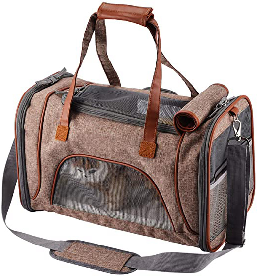 PETTOM Transportín Perro Gato Plegable con Tira Reflectante Parte Inferior Acolchada y Rigido Pet Carrier Impermeable Transpirable para Pequeños Mascota Viajes Avion Coche o Tren Camello