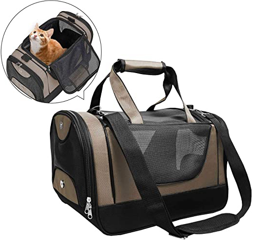 PETTOM Transportín Perro Gato Plegable con Inferior Acolchada y Rigido Bolso Perro Transpirable Pet Carrier para Pequeños Mascota Viajes Avion Coche o Tren Beige