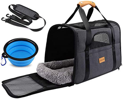 Transportín Perro Gato, Bolsa de Transporte Transpirable para Mascotas, Portador de Viaje con Correa de Hombro Ajustable, Transporte de Gato con Colchón Suave + Tazón Plegable (16.2*12.1*9.45 inch)