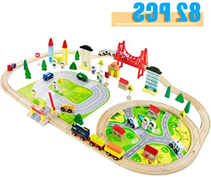 Tren Juguete Madera para Niños- 82 Piezas Trenes de Juguete con Coches y Pista de Madera Bloques de Construcción Juguetes Educativos 3 4 5 6 Años