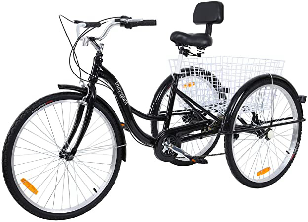 MuGuang Triciclo Adulto 26" 7 velocidades Bicicleta 3 Ruedas Adulto con Cesta de la Compra(Negro)