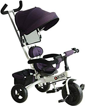 HOMCOM Triciclo para Niños con Capota Desmontable y Plegable para Mayores de 18 Meses Incluye Barra Telescópica para Los Padres Certificado EN71-1-2-3 Color Morado y Blanco 92x51x110cm