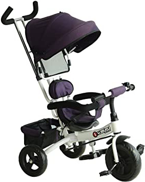 HOMCOM Triciclo para Niños con Capota Desmontable y Plegable para Mayores de 18 Meses Incluye Barra Telescópica para Los Padres Certificado EN71-1-2-3 Color Morado y Blanco 92x51x110cm