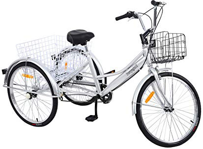 MuGuang Triciclo Adulto 24 Pulgadas 7 Velocidades Bicicleta 3 Ruedas Adulto con Cesta de la Compra(Plata)