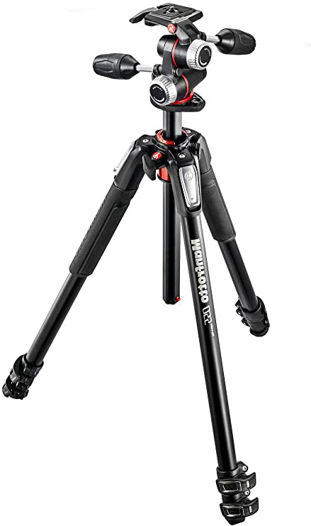 Manfrotto 055, Kit de Trípode Fotográfico Profesional con Rótula 3-Way, 3 Secciones de Aluminio, Columna de 90°, para Cámaras Réflex Digitales (DSLR), hasta 8kg de peso, MK055XPRO3-3W, Negro