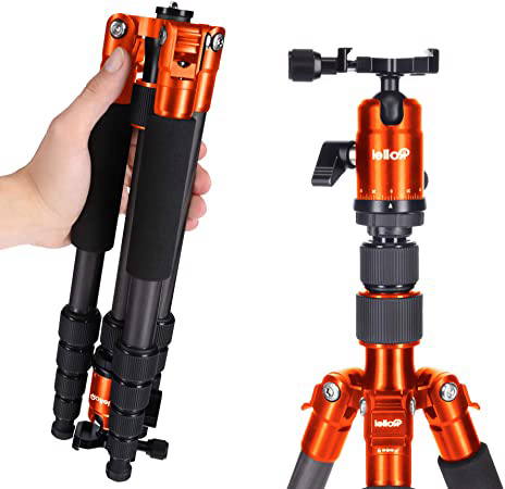 Rollei Compact Traveler No I Carbon I Naranja I Trípode de Viaje Ligero I Trípode fotográfico de tamaño Compacto I Rótula de Bola y Bolsa para trípode