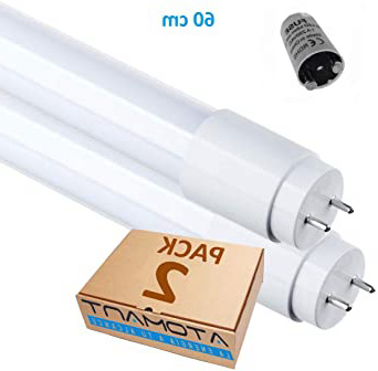 Pack 2x Tubo LED 60 cm, 9w. Color Blanco Frio (6500K). Cebador LED incluido. T8 Standard. 870 Lumenes. A++