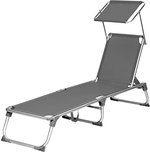SONGMICS Tumbona, Tumbona Reclinable, con Respaldo y Parasol Reclinables, Plegable, Ligera, 55 x 193 x 31 cm, Carga 150 kg, para Jardín, Gris Antracita GCB19GYV1
