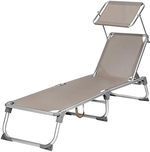 SONGMICS Tumbona, Tumbona Reclinable, con Respaldo y Parasol Reclinables, Plegable, Ligera, 55 x 193 x 31 cm, Carga 150 kg, para Jardín, Color Topo GCB19BR