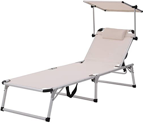 SONGMICS Tumbona Plegable, Estructura de Aluminio, Inoxidable, Superficie Tejido de Fibra Sintética, Almohada Extraíble, Parasol Ajustable, Capacidad 250 kg, 193 x 67 x 32 cm GCB19BEV2
