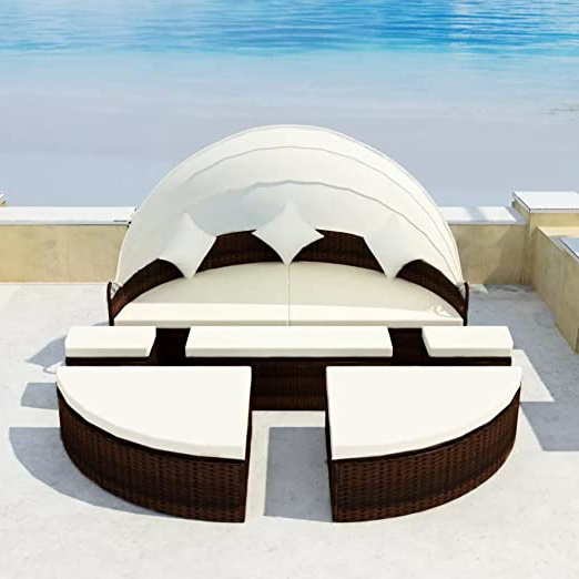 Tidyard Conjunto de Tumbonas de Jardín 15 pzas con Capota para Jardín Balcón Patio Piscina Terraza,Puede Colocado Junto como Cama Redonda,Cojines Extraíbles,Poli Ratán Marron