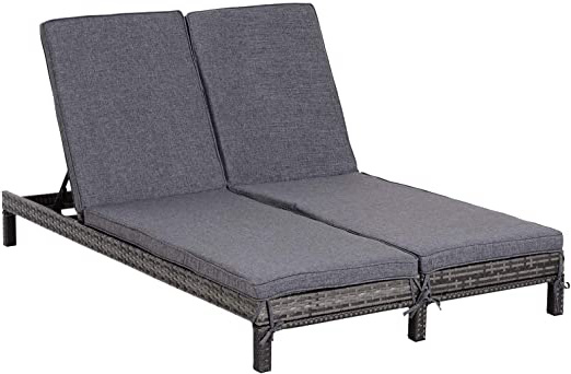 Outsunny Conjunto de Tumbona Exterior de Ratán 2 Plazas con Cojines Acolchados Resistente al Agua con Respaldo Regulable de 5 Niveles Soporta 220 kg 195x120x28 cm Gris