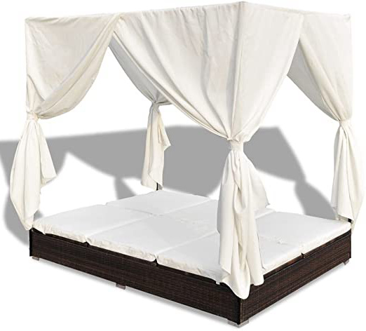 vidaXL Tumbona con Toldo y Cortinas Ratán PE Marrón y Blanca Cama de Jardín