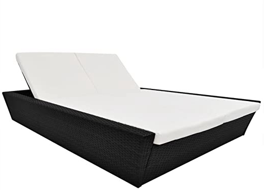 vidaXL Tumbona Doble Cojín Ratán Sintético Negro Cama Sofá Sillón Jardín Patio
