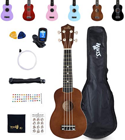 Winzz Ukelele Soprano Starter Kit para Principiante. Incluye: Funda, Afinador, Cuerdas Extra, Correa Ajustable, Púas, Pegatinas de notas, Guía de Acordes y Paño de pulido. Color: Canela Marrón