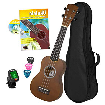 CASCHA HH 3956 GB Ukulele Soprano con cuerdas de AQUILA, bolsa de almacenamiento, formación en ukelele en ingles (+DVD), afinador y 3 púas