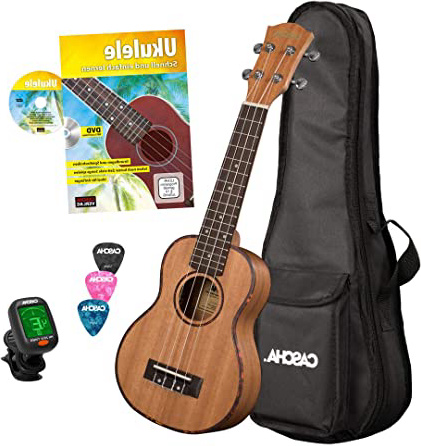 CASCHA HH 2027 DE Premium Soprano Ukulele Bundle en caoba con cuerdas de AQUILA, bolsa acolchada, formación en ukelele en alemán (+DVD), afinador y 3 púas