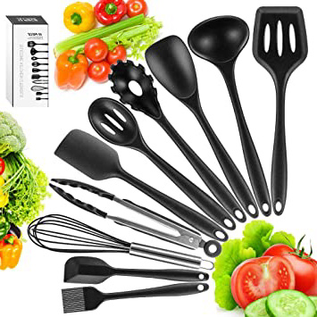 Newdora Utensilios de Cocina de Silicona Resistentes al Calor, 10 Piezas Herramientas antiadherentes para Hornear en la Cocina, Negro