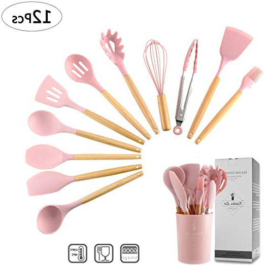 ZCOINS - Juego de utensilios de cocina de silicona con asas de madera y soporte, utensilios de cocina (rosado)
