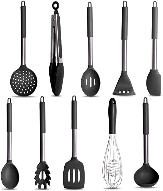 StarCooks - Juego de utensilios de cocina de silicona para cocinar y hornear, 10 piezas, incluye pinzas, batidor, espátula, cucharón, colador, cuchara, triturador de patatas y más