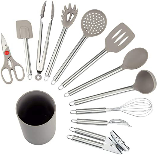 COMLIFE Utensilios de Cocina de 12 Piezas Antiadherentes Set-12 de Silicona y Acero Inoxidable, Incluye cucharas, batidor, abrelatas, pelador, raspador etc.