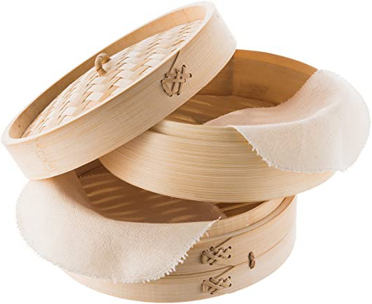 Reishunger Vaporera de bambú (Ø 25 cm, 2 Pisos) para arroz, Dim Sum, Verduras, Pescado y Carne, Incluye 2 Toallas de algodón, para 4 Personas