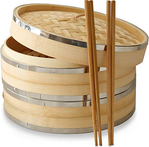 10 Inch vaporera de bambú por Harcas. 2 Tier. Mejor para Dim Sum, verduras, carne y pescado.