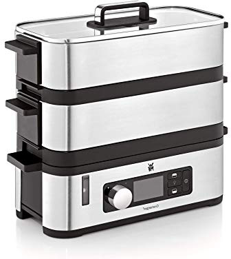 WMF Kitchenminis Vaporera 900 W de hasta 4.3 L y depósito de Agua de 1.1 L, Dos Zonas de cocción y función de Mantenimiento de la Calor, Acabados de Acero Inoxidable de cromargan