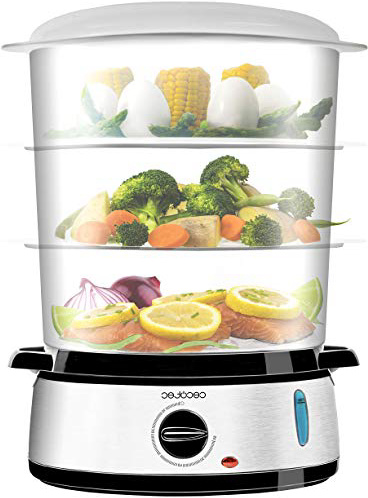 Cecotec Vaporera eléctrica Vapovita 3000 INOX con 800 W, 3 recipientes Independientes, Cuenco para Preparar arroz, Soportes para cocer Huevos, Temporizador 60 Minutos. 2 entradas Laterales de Agua.